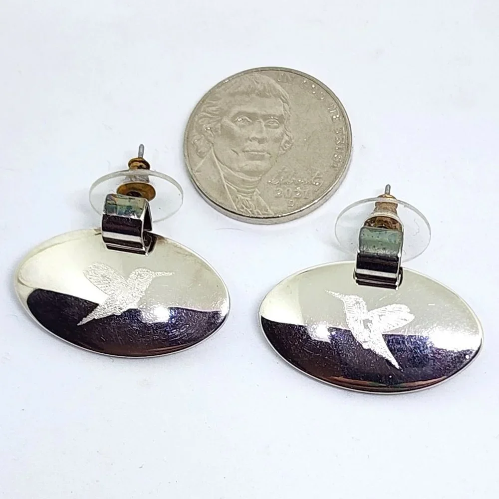 Vintage BEST Etched Hummingbird Silver Oval Pierced Earrings NOC NOS